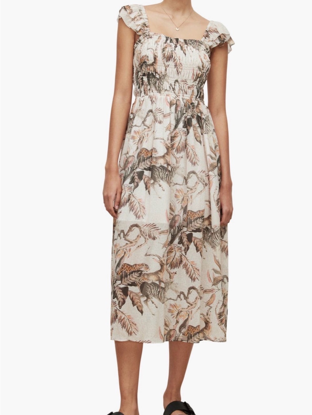 AllSaints Mali Ukushisa Smocked Print Midi Dress in Cream neutral